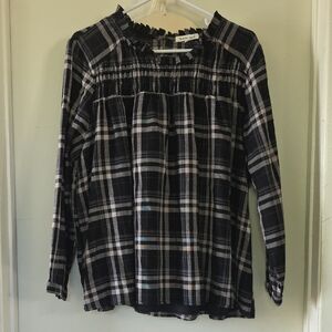 INDIGO SOUL Black Long Sleeve Ruched PLAID Babydoll Top Blouse